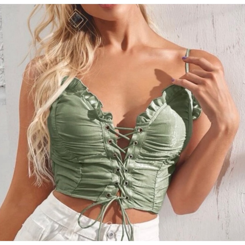 Green Lace-Up Ruffle Top - Picture 2 of 4